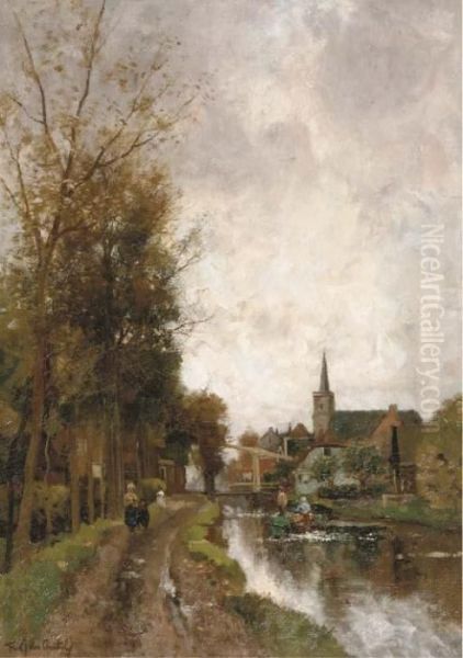 Houses Along A River Oil Painting by Fredericus Jacobus Van Rossum Du Chattel