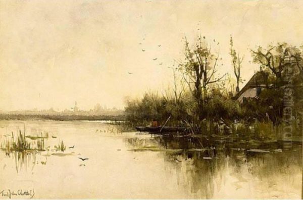 A Polder Landscape With An Angler In A Punter Oil Painting by Fredericus Jacobus Van Rossum Du Chattel