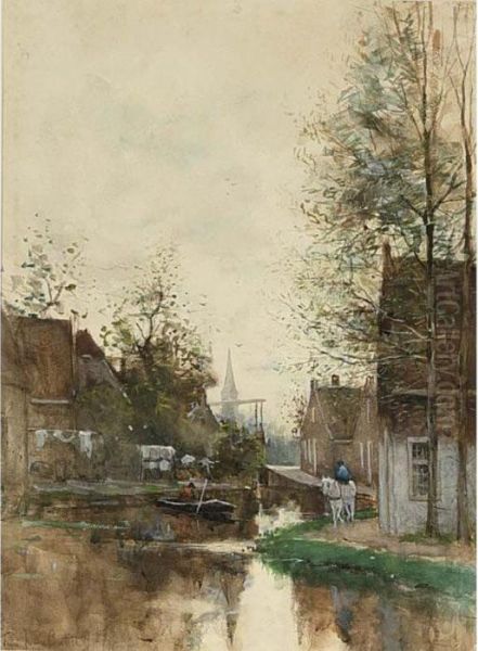 Villagers By A Waterway In A Dutch Town Oil Painting by Fredericus Jacobus Van Rossum Du Chattel