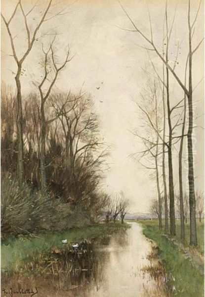 A Ditch In A Polder Landscape Oil Painting by Fredericus Jacobus Van Rossum Du Chattel