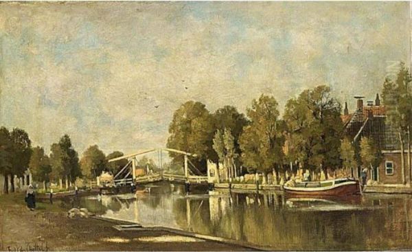 View Of A Waterway With Drawbridge Oil Painting by Fredericus Jacobus Van Rossum Du Chattel