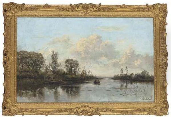 A Barge On A Quiet Stretch Of The River Oil Painting by Fredericus Jacobus Van Rossum Du Chattel