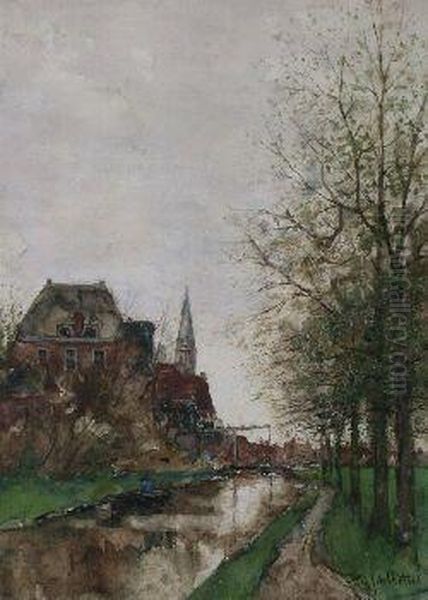 By The Canalside Oil Painting by Fredericus Jacobus Van Rossum Du Chattel