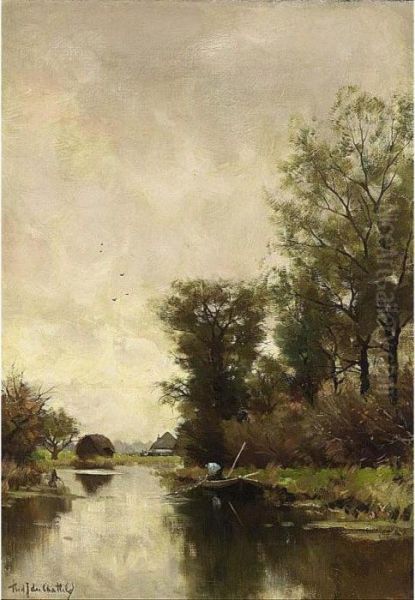 A Fisherman In A Polder Landscape Oil Painting by Fredericus Jacobus Van Rossum Du Chattel