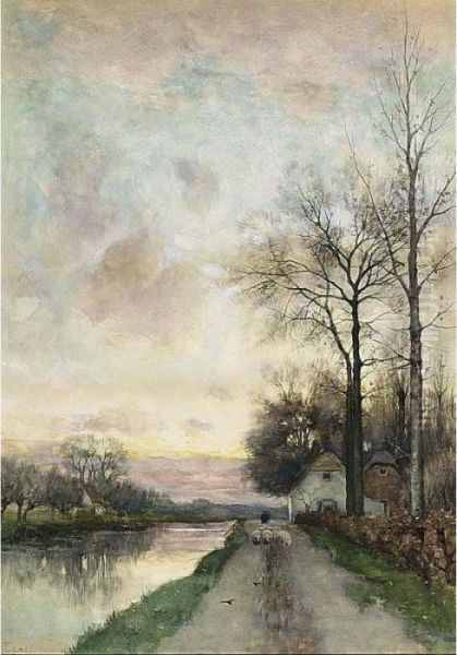 A River Landscape At Dusk Oil Painting by Fredericus Jacobus Van Rossum Du Chattel