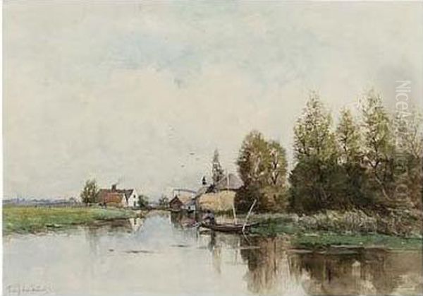 A Polder Landscape With An Angler In A Punter Oil Painting by Fredericus Jacobus Van Rossum Du Chattel