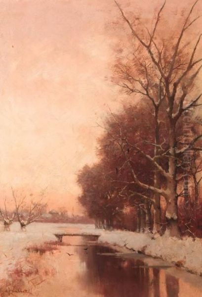 A Snow-clad Landscape At Dusk Oil Painting by Fredericus Jacobus Van Rossum Du Chattel