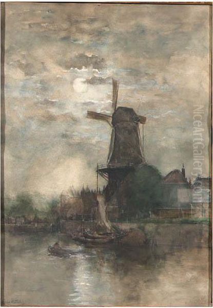 A Moonlit Windmill Oil Painting by Fredericus Jacobus Van Rossum Du Chattel