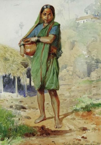 An Indian Girl Carrying A Water Vessel, Bombay Oil Painting by Horace Van Ruith