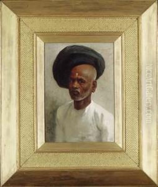 An Indian Tradesman, Possibly A Peshwa, Bust-length In White Tunicand Blue Turban Oil Painting by Horace Van Ruith