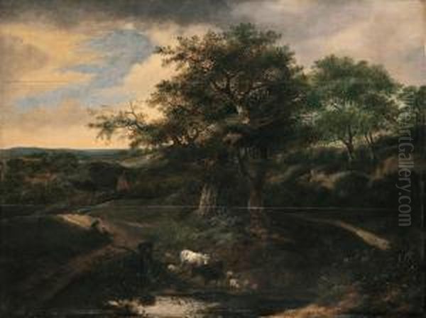 Paesaggio Boschivo Con Un Gregge Presso Un Fiume Oil Painting by Jacob Salomonsz. Ruysdael