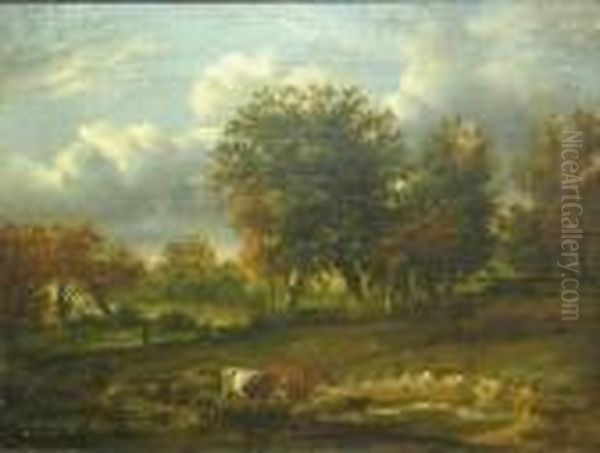 A Wooded Landscape With Cattle And Sheepwatering Oil Painting by Jacob Salomonsz. Ruysdael