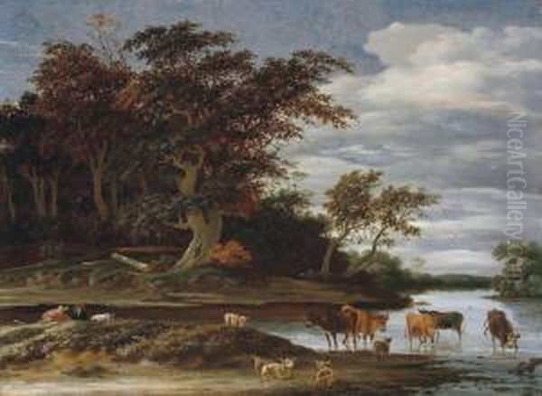 A Wooded River Landscape With Herdsmen, Cattle And Sheep Oil Painting by Jacob Salomonsz. Ruysdael