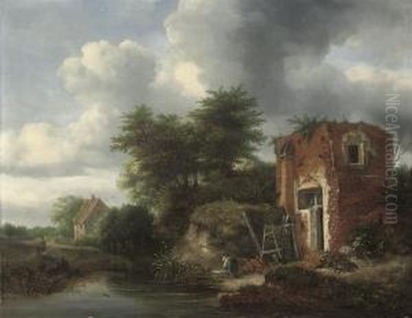 A Wooded River Landscape With A Washerwoman By A Cottage Oil Painting by Jacob Salomonsz. Ruysdael