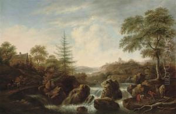 Figures In A Wooded River Landscape Oil Painting by Jacob Salomonsz. Ruysdael