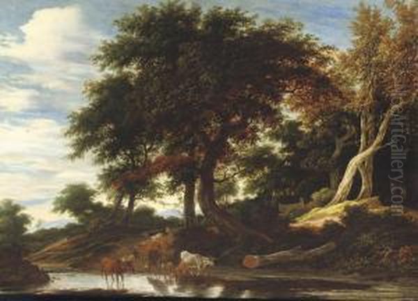 Cattle Fording A Stream In A Wooded Landscape Oil Painting by Jacob Salomonsz. Ruysdael