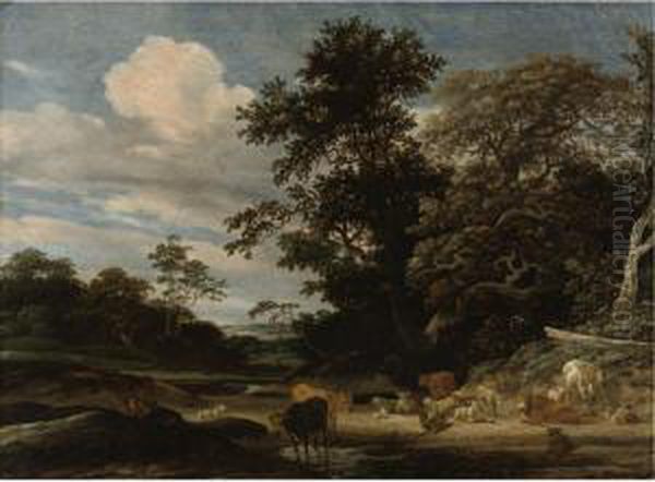 Wooded Landscape With Herd Animals Resting By A Pond Oil Painting by Jacob Salomonsz. Ruysdael