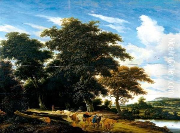 Berger Et Son Troupeau Sur Un Chemin Pres D'une Riviere Oil Painting by Jacob Salomonsz. Ruysdael