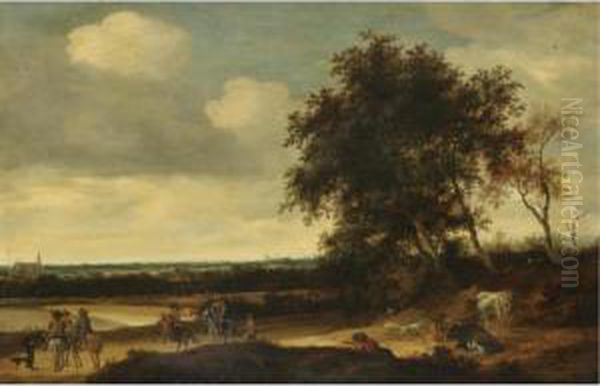 A Landscape With Cavaliers In The Foreground, A Church Beyond Oil Painting by Jacob Salomonsz. Ruysdael