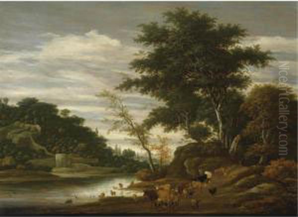 A River Landscape With Cattle Oil Painting by Jacob Salomonsz. Ruysdael