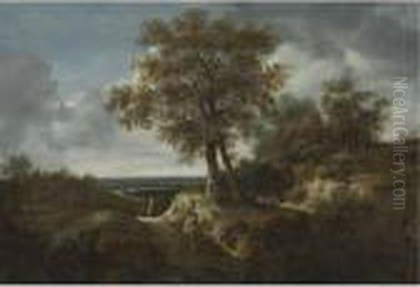 Landscape With Travelers And A Village In A Distance Oil Painting by Jacob Salomonsz. Ruysdael