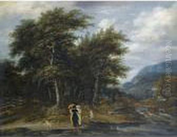 A Wooded Landscape With An Elegant Family And Their Hounds Beside A River Oil Painting by Jacob Salomonsz. Ruysdael