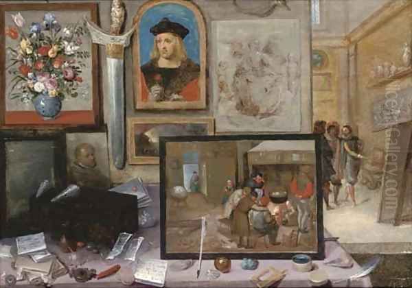 The interior of an artist's studio, with the artist showing his work in the background Oil Painting by Frans II Francken