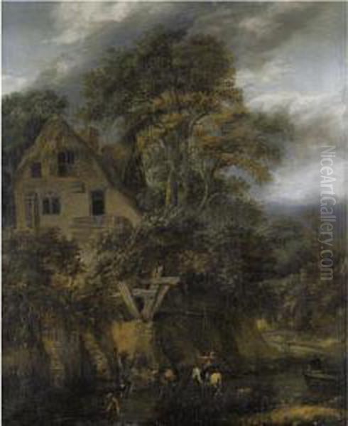 Landscape With Drovers Watering Their Animals Beside River Before A Cottage Oil Painting by Jacob Salomonsz. Ruysdael