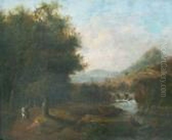 Weite Fluslandschaft Mit Reiter Oil Painting by Jacob Salomonsz. Ruysdael