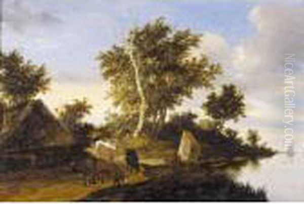 River Landscape Oil Painting by Jacob Salomonsz. Ruysdael