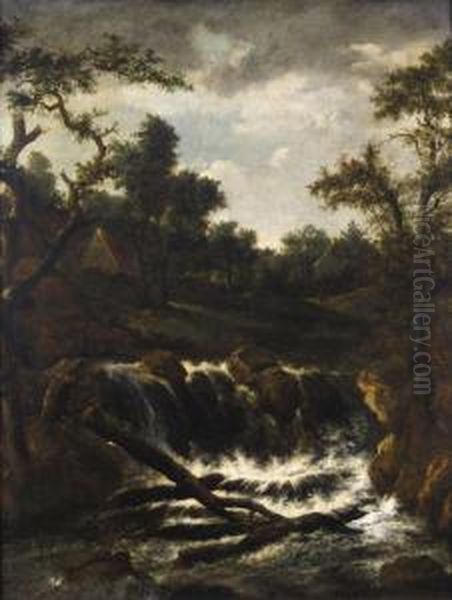 Wooded Landscape With A Cascade A Cottage Beyond Oil Painting by Jacob Salomonsz. Ruysdael