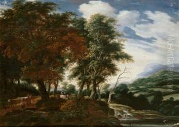 Bewaldete Hugellandschaft Mit Einem Wasserfall Oil Painting by Jacob Salomonsz. Ruysdael