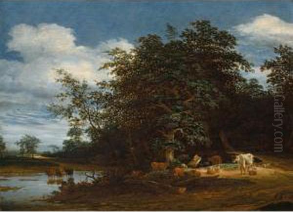 An Extensive Wooded River Landscape With Cattle And Sheep Oil Painting by Jacob Salomonsz. Ruysdael