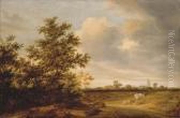 A Wooded Landscape With Cattle, A Church Beyond Oil Painting by Jacob Salomonsz. Ruysdael