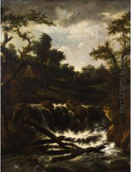 A Wooded Landscape With A Cascade, A Cottage Beyond Oil Painting by Jacob Salomonsz. Ruysdael