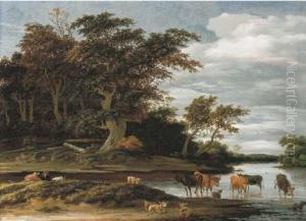 Herdsmen With Cattle And Sheep In A Wooded River Landscape Oil Painting by Jacob Salomonsz. Ruysdael