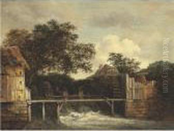 Two Water Mills And An Open Sluice Oil Painting by Jacob Salomonsz. Ruysdael