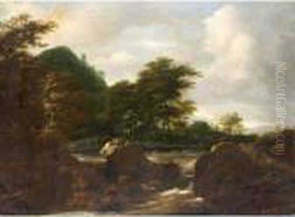 Woodland Landscape With Drovers And Their Animals Beside A Cascade Oil Painting by Jacob Salomonsz. Ruysdael