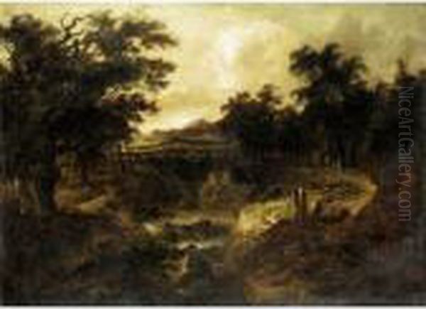 A Wooded River Landscape, With Figures On A Path By A Cascade Oil Painting by Jacob Salomonsz. Ruysdael