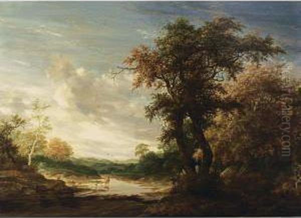 A Wooded Landscape With A Shepherd Watering His Herd In A Wallow Oil Painting by Jacob Salomonsz. Ruysdael