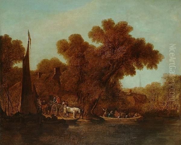 River Landscape With A Ferry In The Foreground Oil Painting by Jacob Salomonsz. Ruysdael