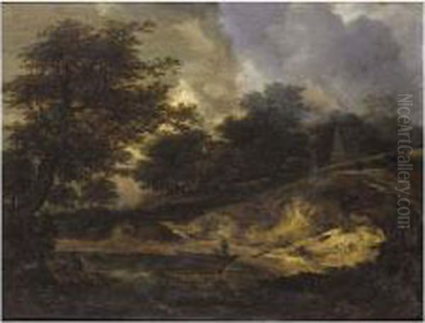 Landscape With Figures By A Boat At The Edge Of A River, A Cottage Beyond Oil Painting by Jacob Salomonsz. Ruysdael