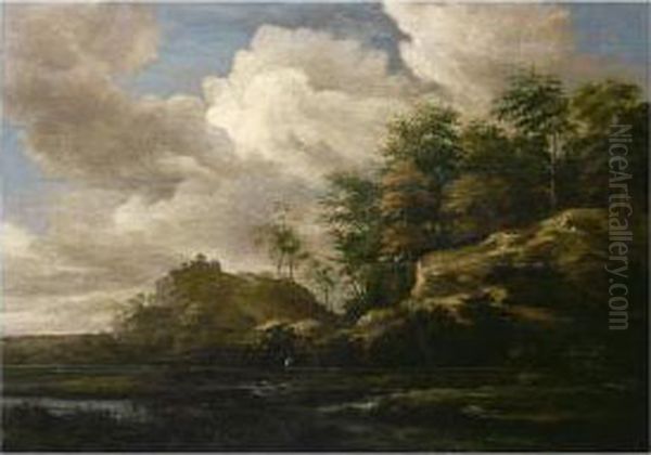 River Landscape With A Fisherman And A Traveller And His Dog Oil Painting by Jacob Salomonsz. Ruysdael