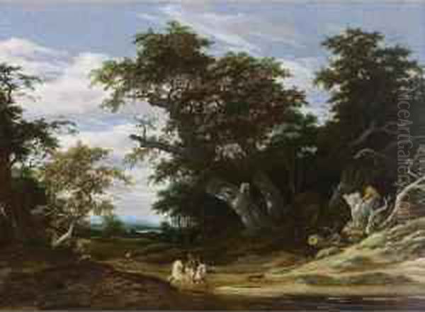 A Wooded Landscape With A Horseman With Another Horse On A Path Together With A Boy Oil Painting by Jacob Salomonsz. Ruysdael