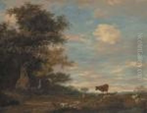 A Shepherd And His Dog Resting In A Wooded Landscape Oil Painting by Jacob Salomonsz. Ruysdael