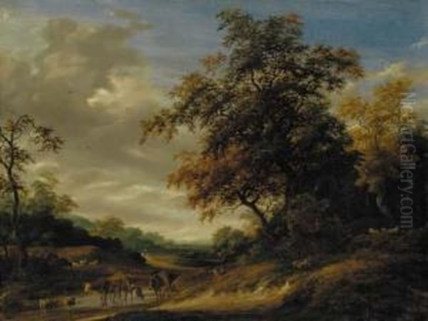 A Wooded Landscape With Herders Resting And Cattle And Sheep Grazing Oil Painting by Jacob Salomonsz. Ruysdael