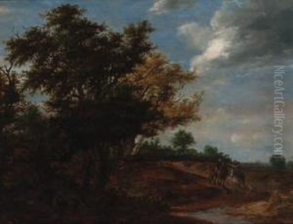 An Extensive Wooded Landscape 
With Travellers And A Beggar On Apath, Haarlem In The Distance Oil Painting by Jacob Salomonsz. Ruysdael