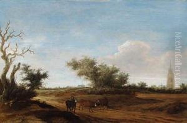 A Landscape With A Shepherd And Cattle On A Path, Haarlembeyond Oil Painting by Jacob Salomonsz. Ruysdael