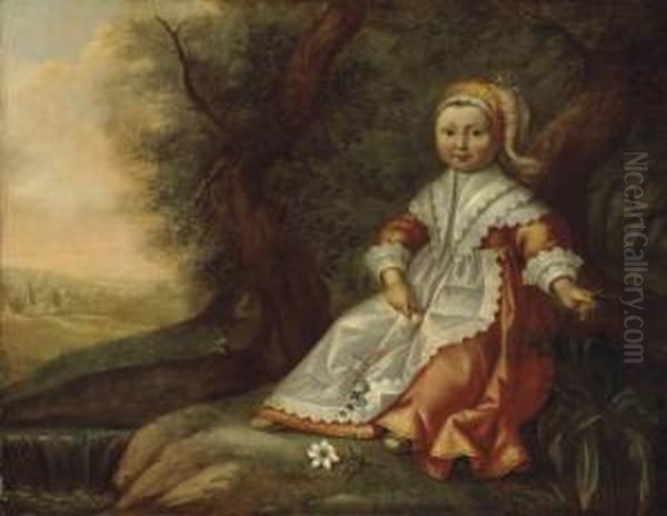 Portrait Of A Young Girl, Full-length, Seated By A River, With Flowers In Her Hands Oil Painting by Dirck Verhaert