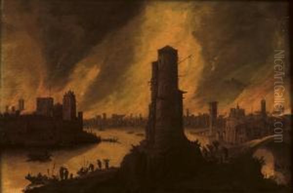 A Burning City By A River With Figures Fleeing In The Foreground Oil Painting by Dirck Verhaert